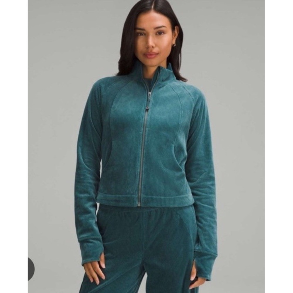Lululemon Scuba Track Jacket Womens 8 Green Velour Cord Full Zip LW3HN5S Yoga‎